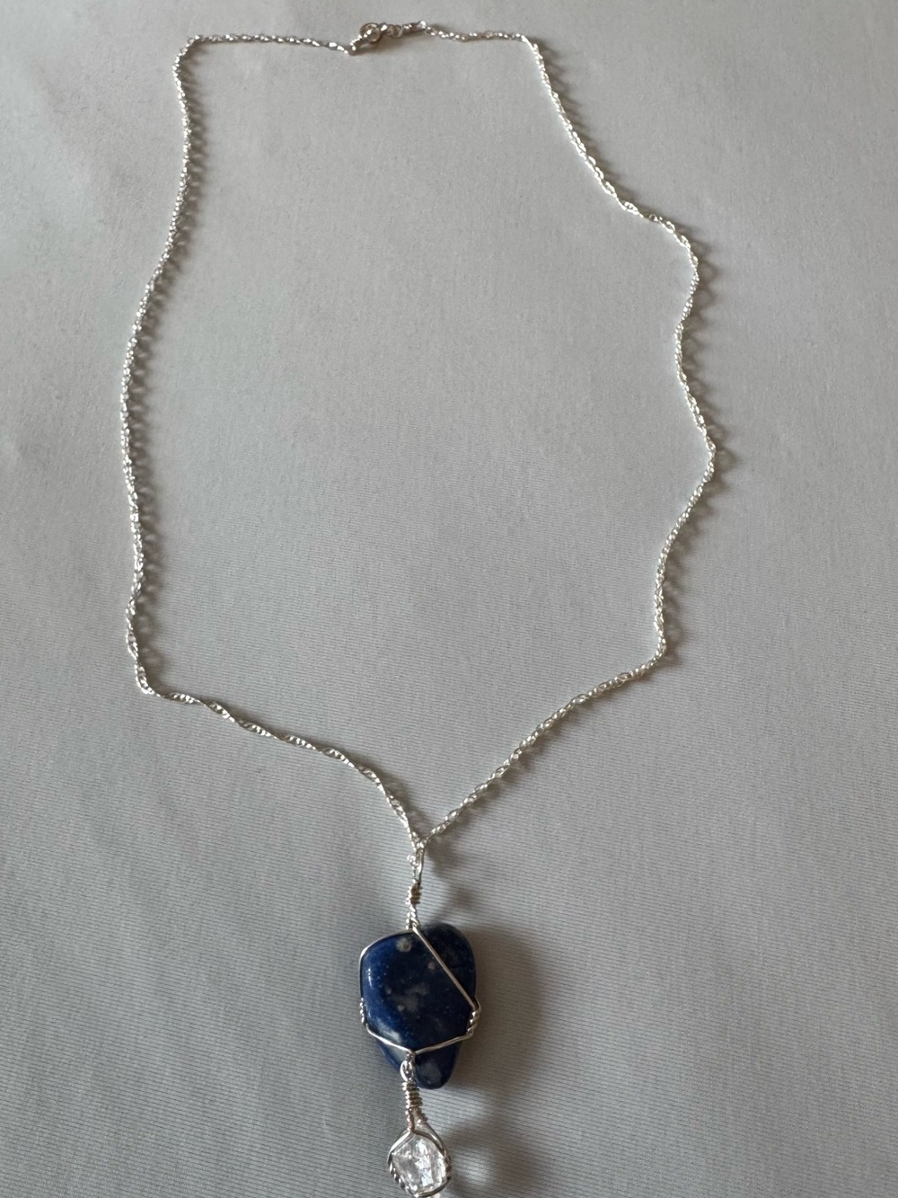 Sterling 925 Sodalite Necklace Wire Wrapped Blue Stone Quartz Crystal Pendant